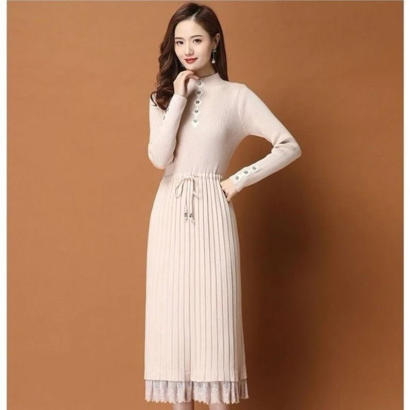 

Women's Knitted Dresses 2024 Autumn Winter New Spliced Half High Neck Lace Up Mid Length Dress For Women Vestidos Para Mujer