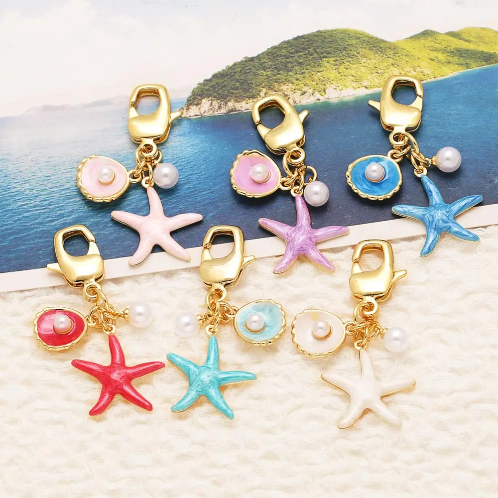 OCESRIO Trendy Multicolor Enamel Faux Pearl Shell Big Keychain Copper Fishstar Purse Charm Jewelry Making Component pdta089