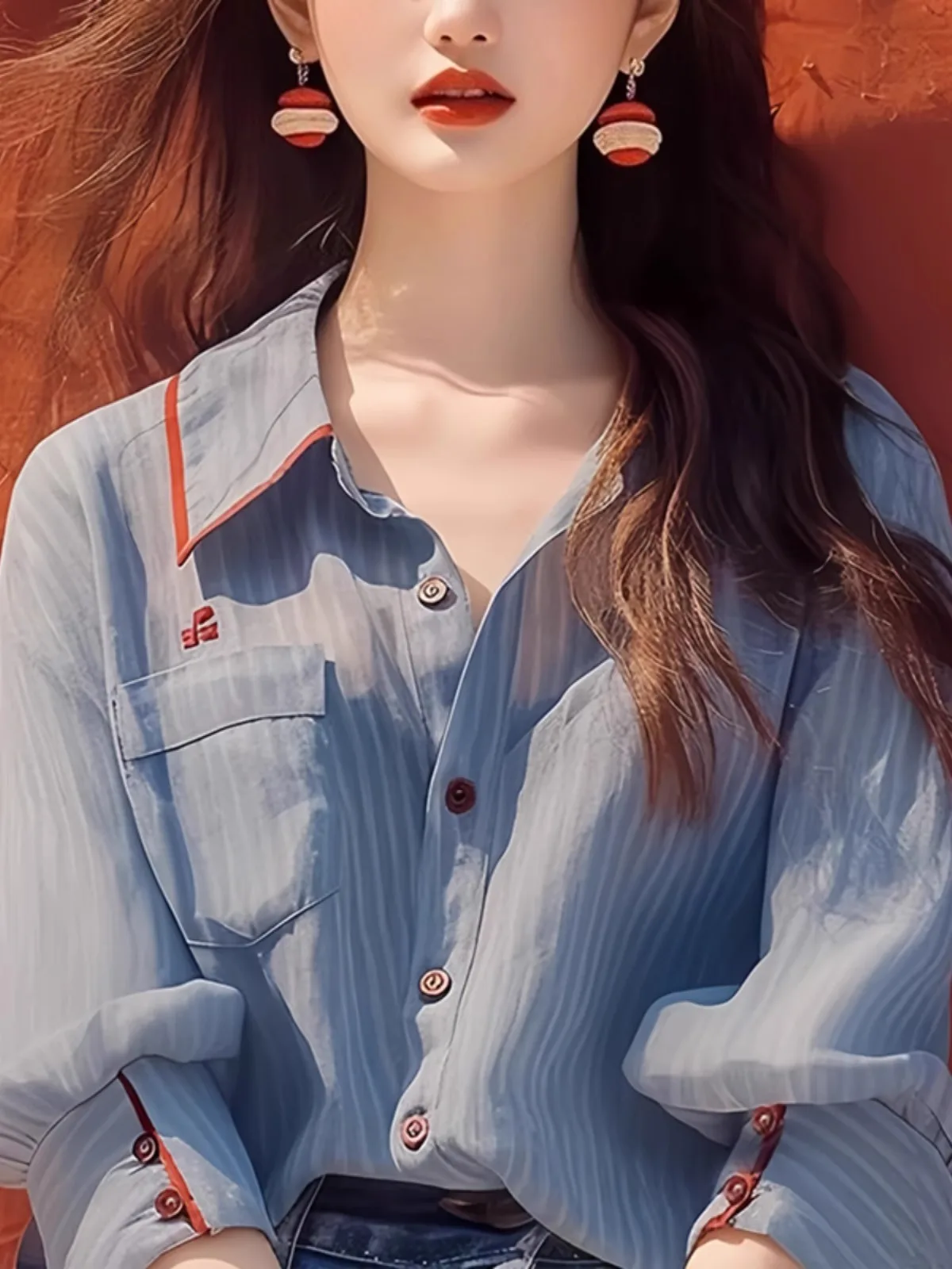 Niebieska koszula damska w paski z kołnierzykiem, elegancka, unikalna, w stylu koreańskim, długa, luźna, z włókna poliestrowego, z ochroną UV, kolekcja wiosna 2025.