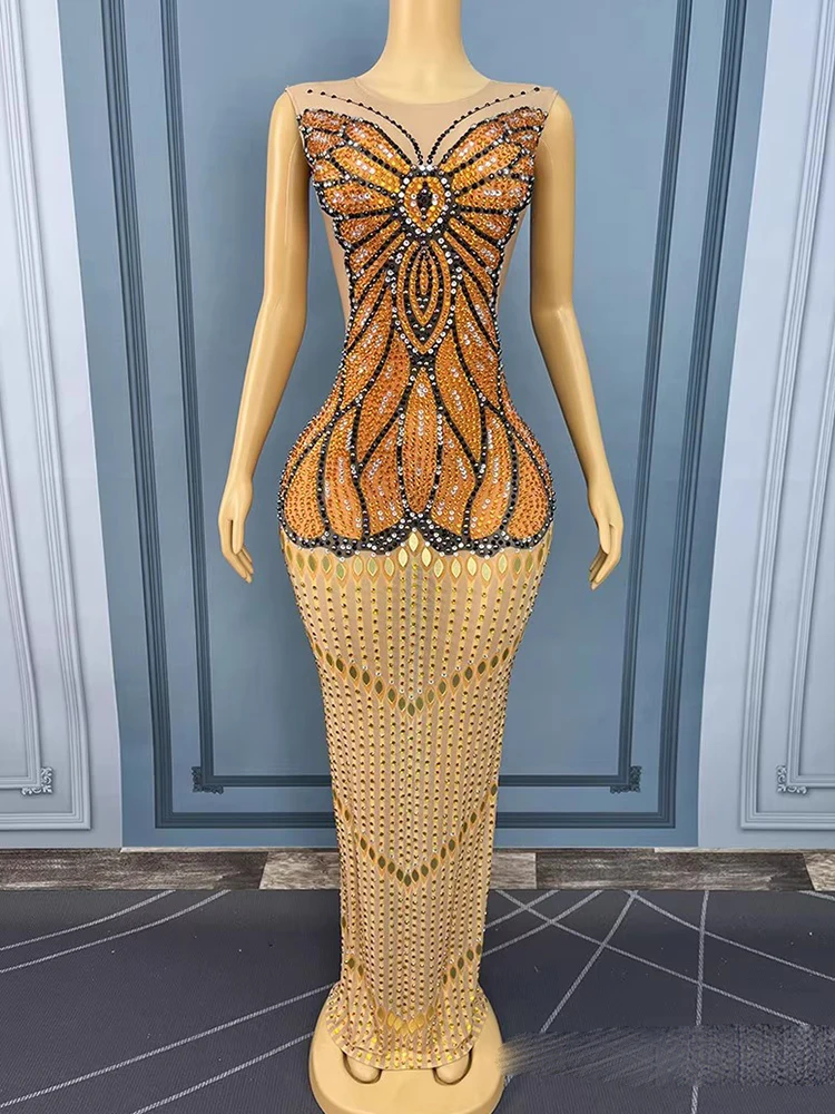 Hoge kwaliteit strass pailletten elastische jurk 2025, nieuwe mode op maat gemaakte dameskleding