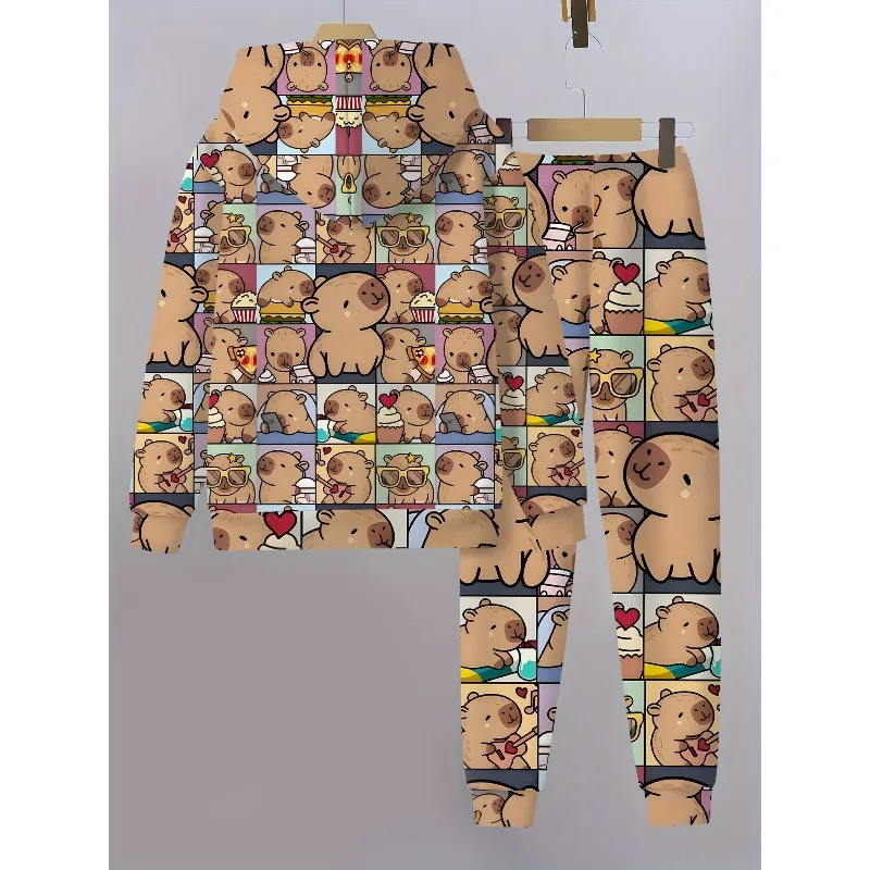 2025 детский забавный комплект Kapibala, супер милый комплект из 2 предметов для кемпинга с 3D принтом, толстовка и брюки, модный трендовый комплект для отдыха