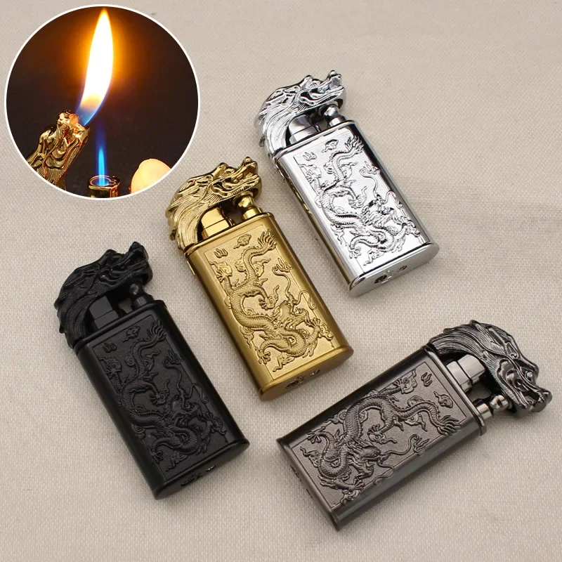 DragonHead Double Fire Inflatable Windproof Blue Flame Lighter Relief Divine Dragon Metal Direct Turn Open Fire CigaretteLighter