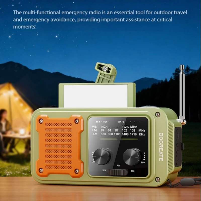 

Многофункциональное аварийное радио FM/AM/WB с ручным приводом, солнечной зарядкой, USB-зарядкой, внешним аккумулятором 2000 мАч и светодиодным фонариком