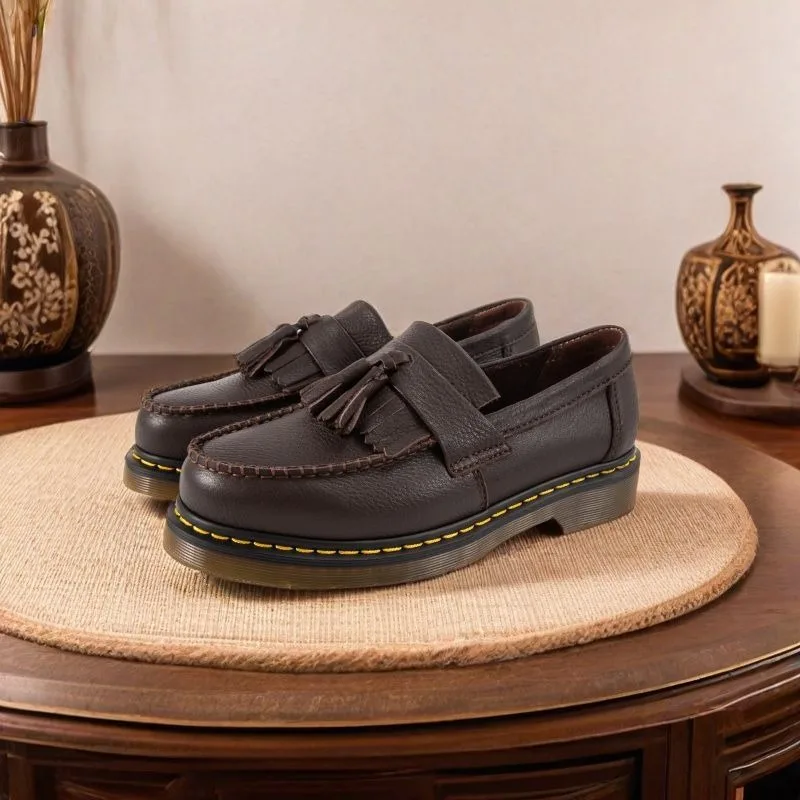 

British Style Genuine Leather Thick Bottom Work Loafers Men's Shoes Retro Brown Tassel Business Formal Commuter Leather Shoes
