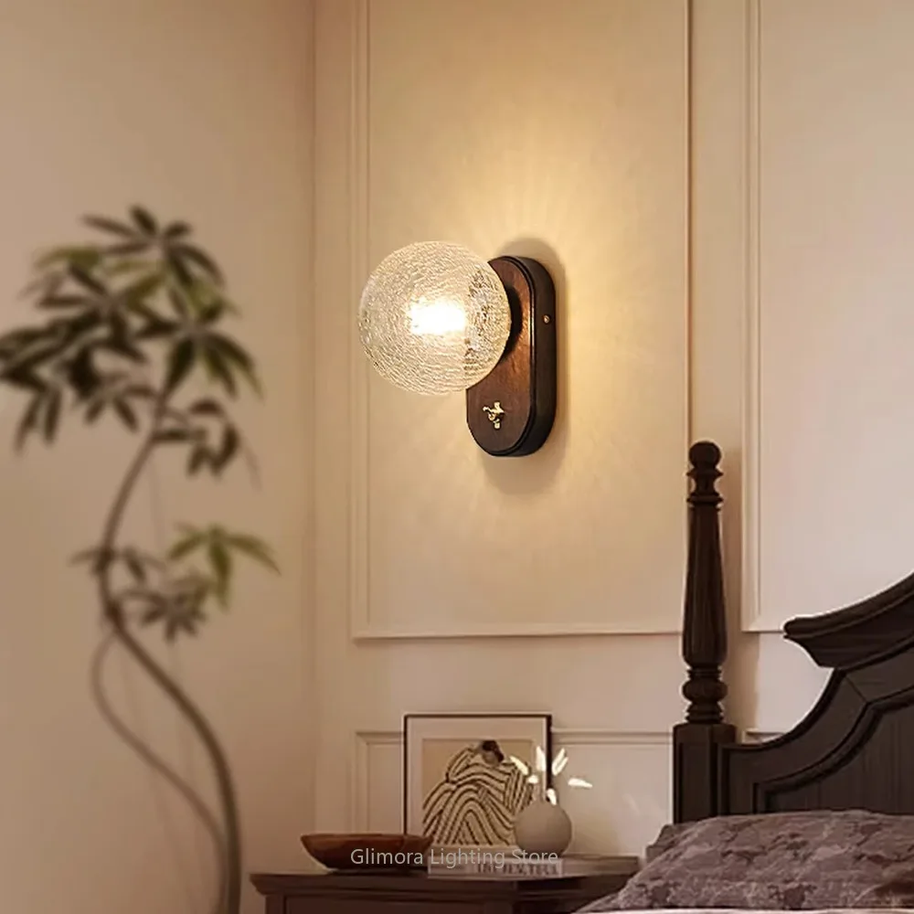 

Mid-century Wall Lamp, French Romantic Retro Style, Walnut & Metal, for Bedroom Bedside Living Room Hallway, Ambient Decor Light