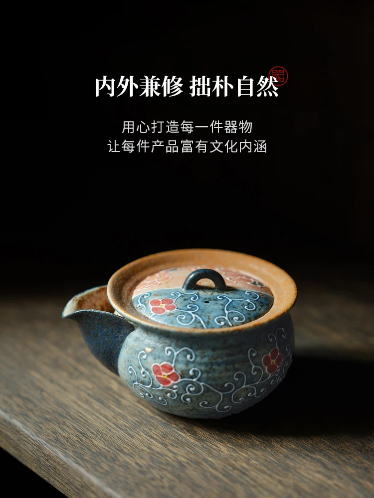 Ceramic Teapot Creative Blue Orange Pile Carved Peony Flower Single Pot Ladies Household Non-Scald
