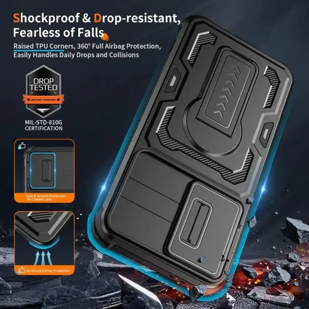 Folding Holder Heavy Armor Case For Samsung Galaxy S26 S25 S24 Ultra A17 A07 A56 A36 A26 A16 Anti-Drop Slid Lens Protector Cover