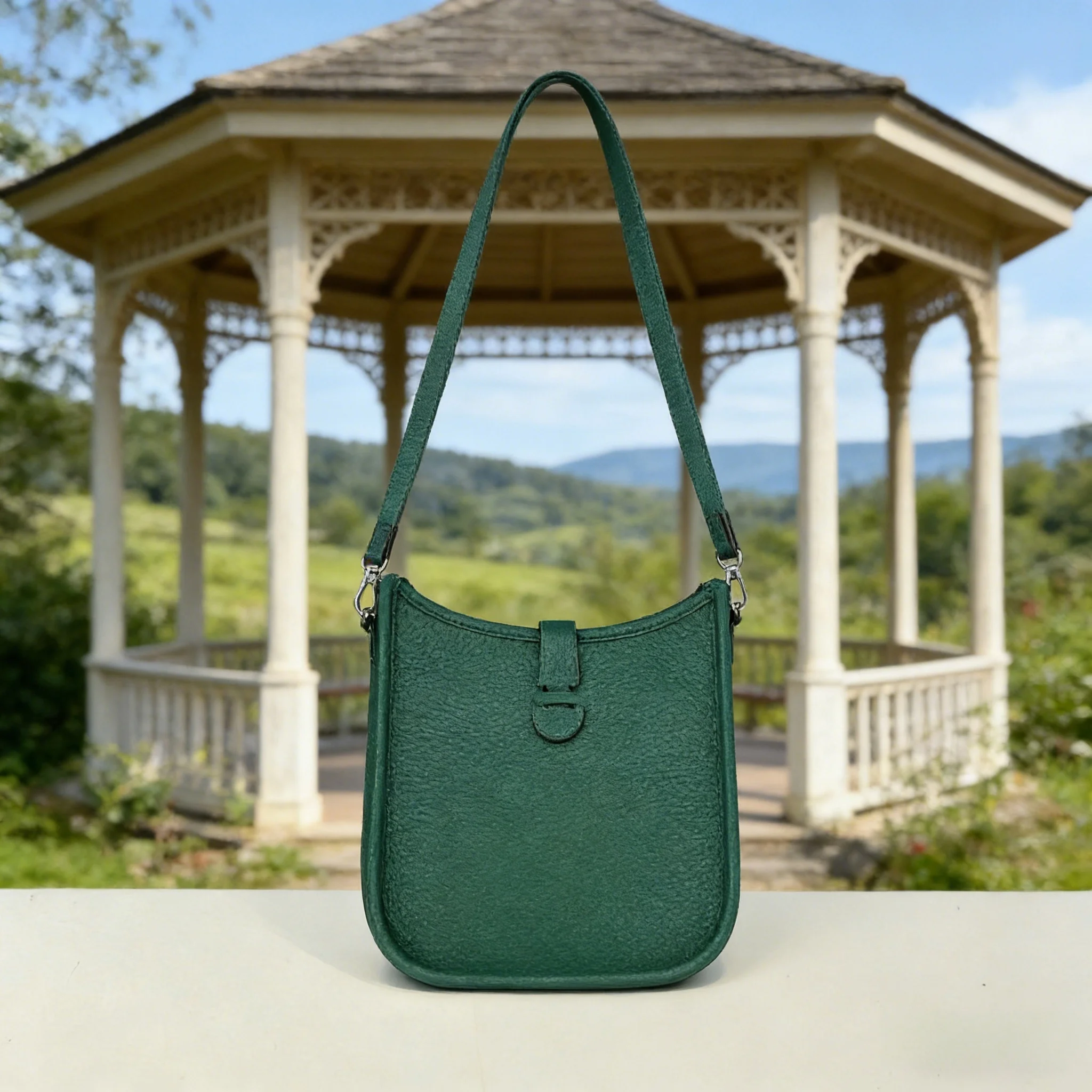 

Emerald Green Pebbled Leather Bucket Bag - Adjustable Canvas Strap Crossbody Purse