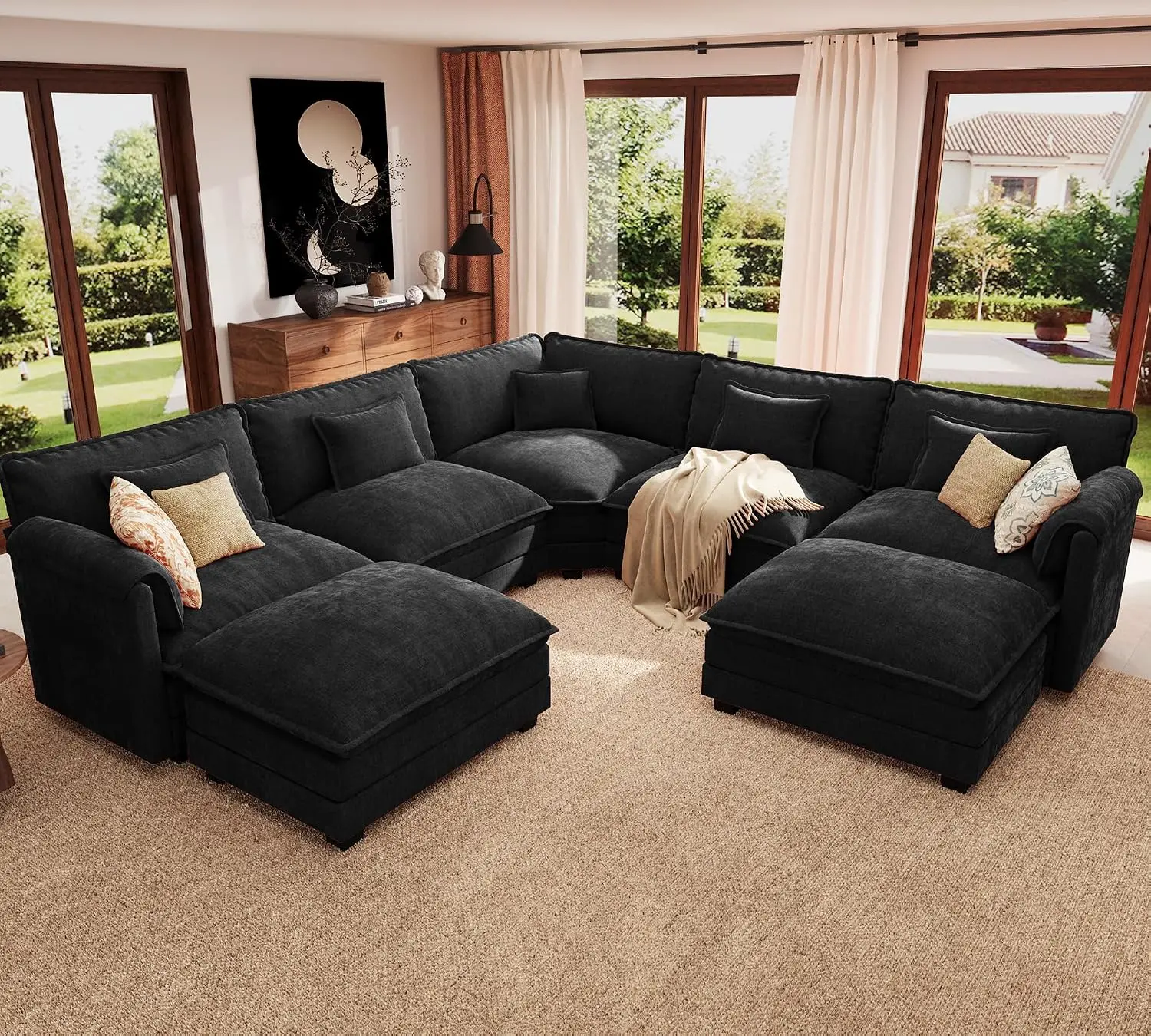 V Shaped Modular Sectional Sofa, Comfy Cloud Removable Cover, 7-Seat Modern Living Room & Bedroom, Chenille, Black, Customized