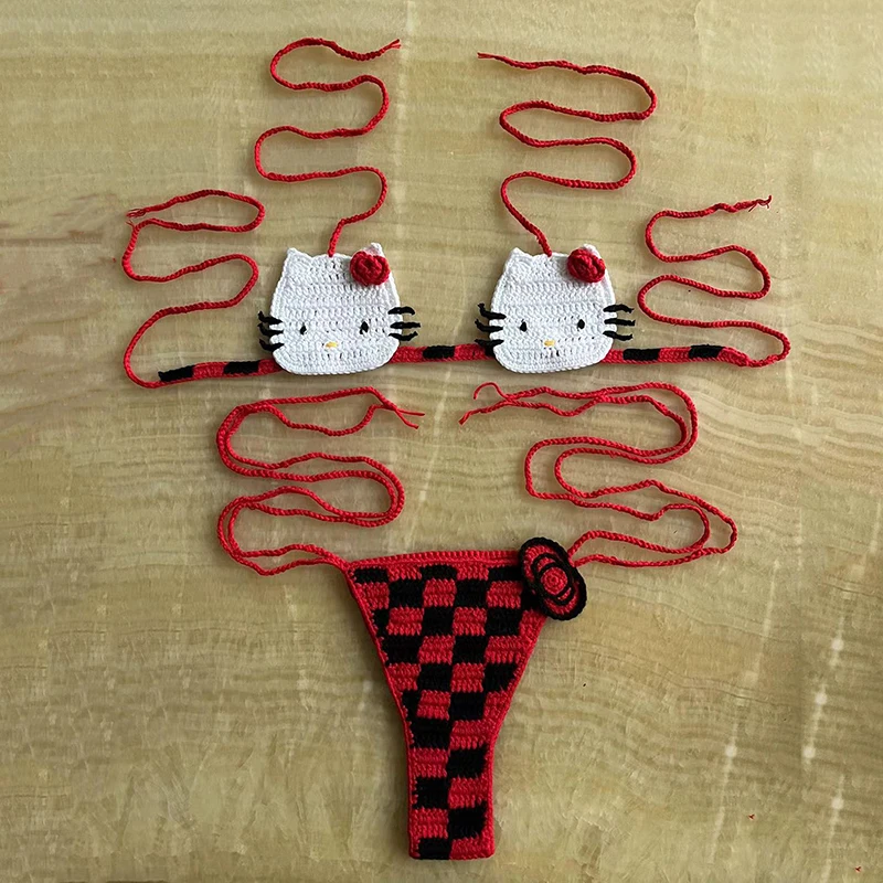 HelloKitty Handmade Brazil Crochet String Bikini Set Sexy Bathing Suit Checkered Red and Pink Bowknot Beachwear Swim Suits