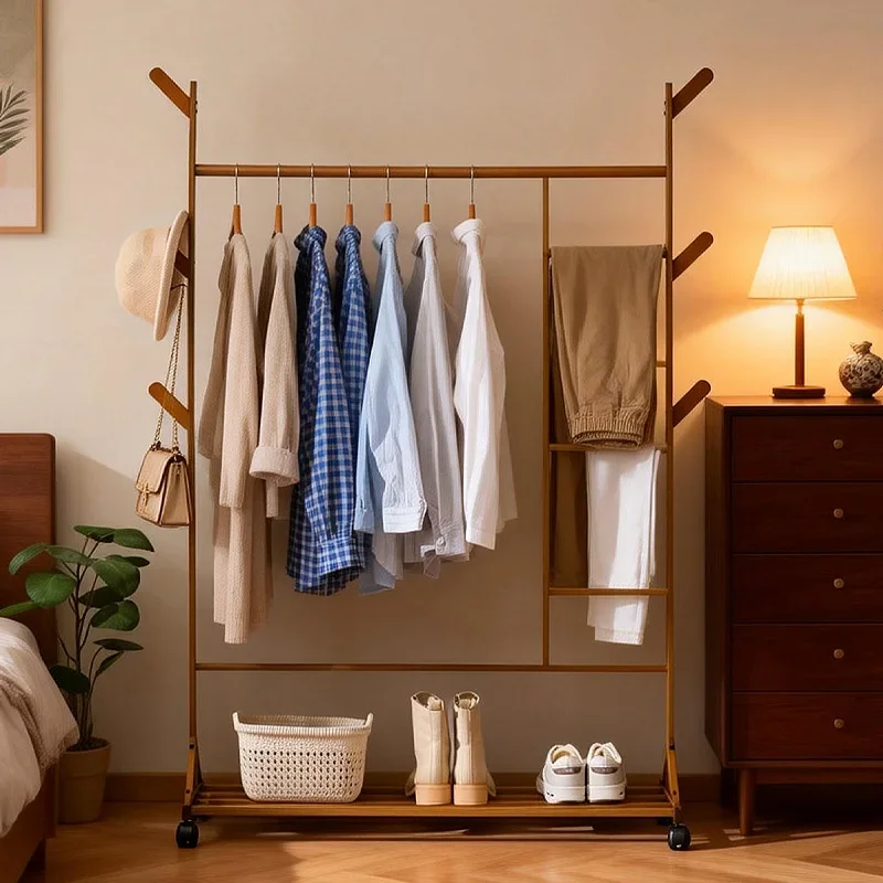 Internet Celebrity Coat Rack Floor-to-ceiling Bedroom Household Hanger Removable Clothes Rack Premium Premium