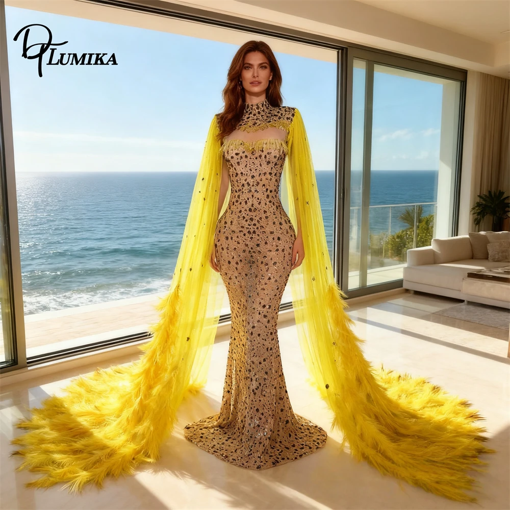 

DTLumika Feathered Mermaid Prom Dress for Women High Neck Sheath Long Formal Dresses Business Dinner Evening Party Gown