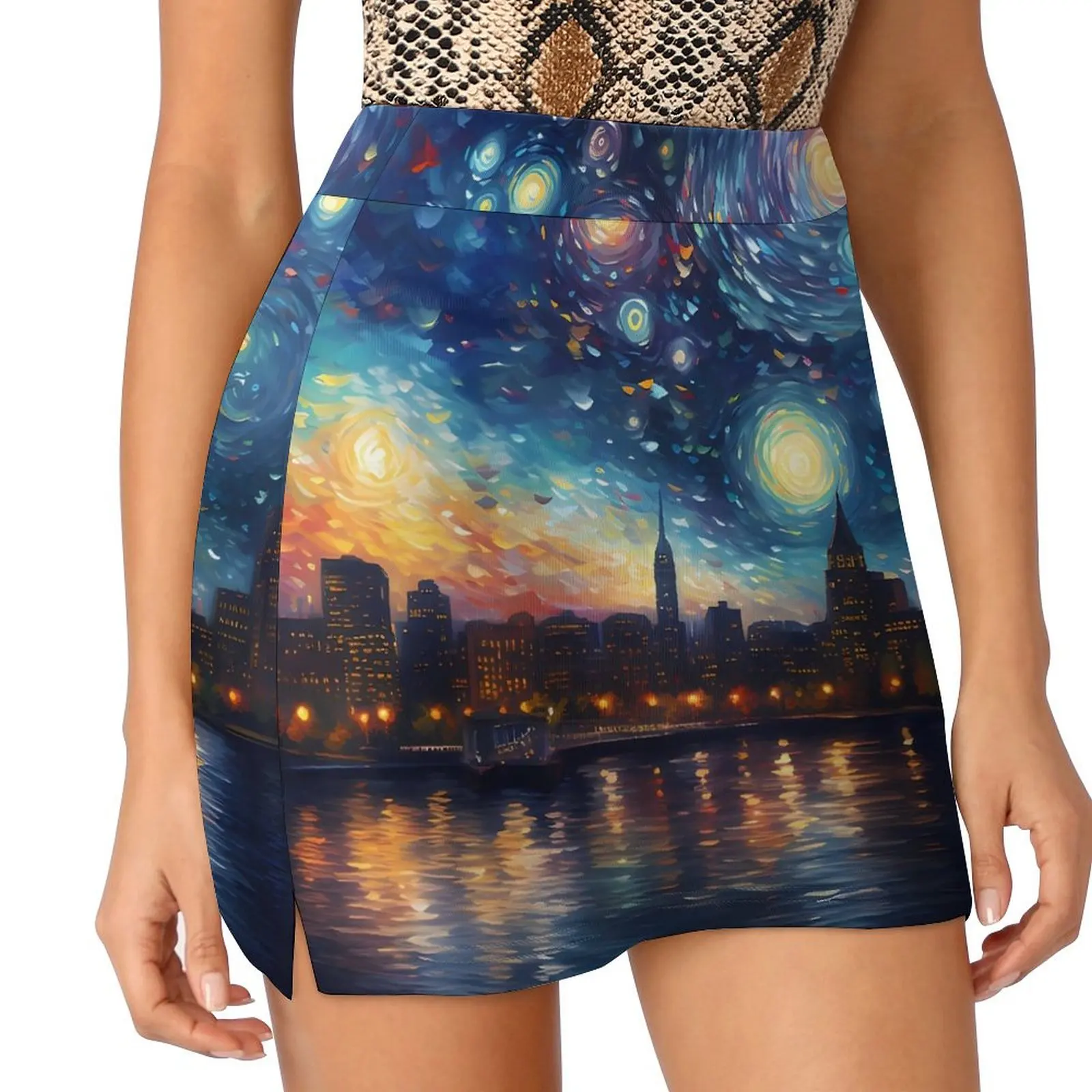 

Starry Night Print Skirt Women Boston Skyline Vintage Mini Skirts Summer Street Style High Waist Oversized Casual A-line Skirt