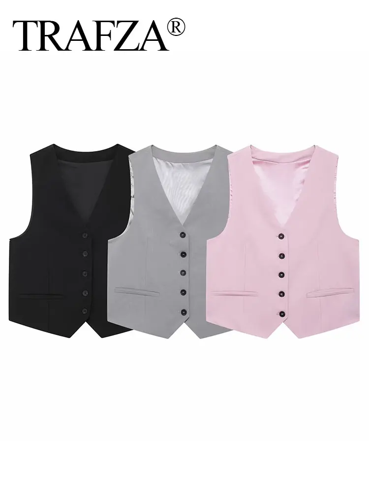 TRAFZA Women Fashion Solid Vests Adjustable Back Strap Single Breasted V Neck Sleeveless Waistcoat Fashion High Street Outwear