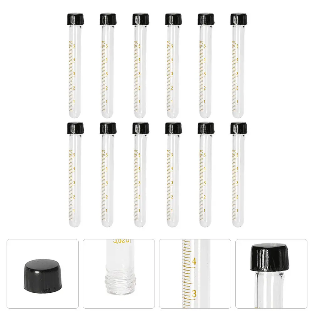 12Pcs Round Bottom Glass Test Tubes Transparent Serological Lab Tubes Black Screw Caps Leakproof Sample Storage Containers