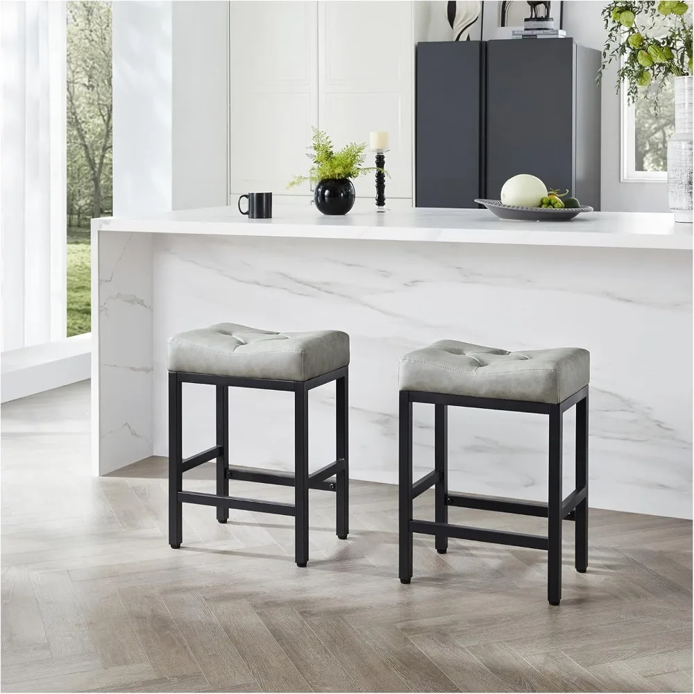 

Set of 2 backless bar stools, faux leather, counter height, metal leg