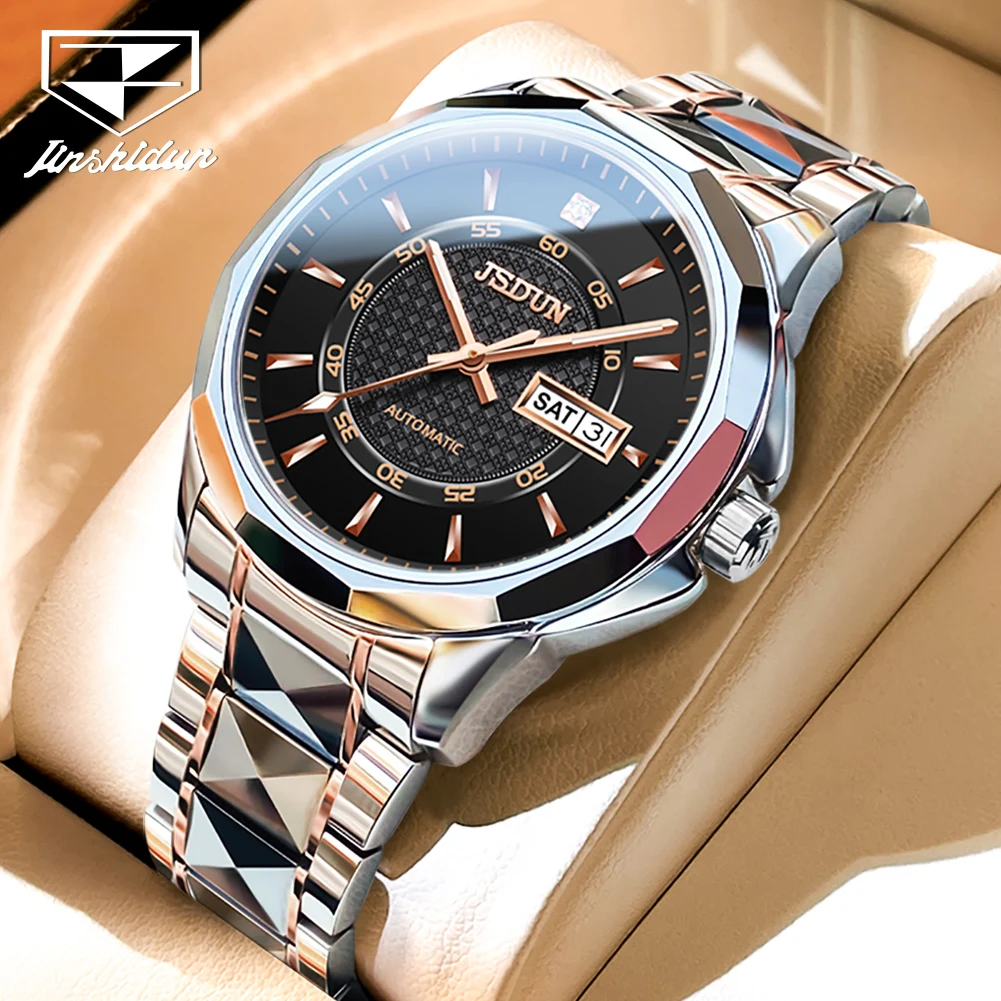 JSDUN New Tungsten Steel Mechanical Watch for Men High Quality Waterproof Calendar Wrist Watch Men Luxury Automatic Mens Watch