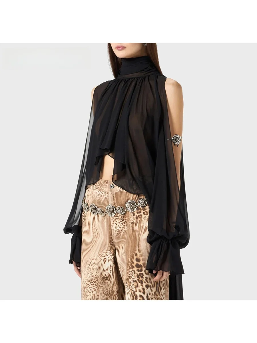 

Solid Irregular Shirts For Women High Neck Drop Sleeves Spliced Flods Temperament Shirt Female Fashion Clothing New