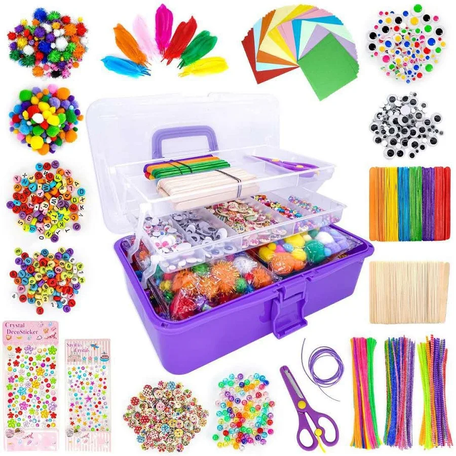 1500Pc Color DIY Kid Tinkering Craft Kit Set Glitter Crystal Stick Pipe Cleaner Storage Art Supply for Girl Gift Educational Toy