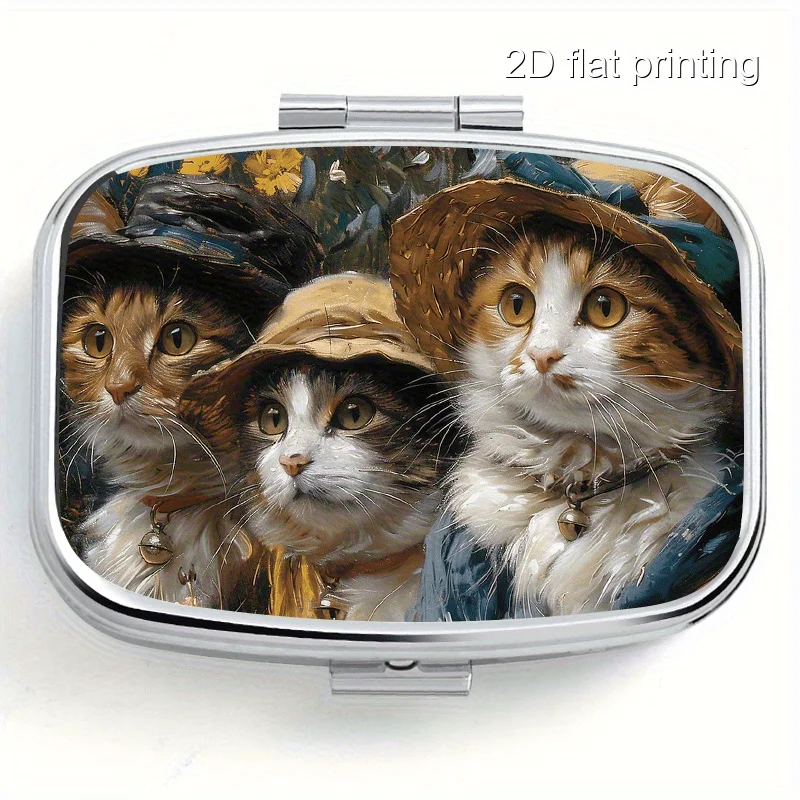 1 Square Sealed Box with Oil Painting of Three Cats, Double-Layer Sealed Pill Box, Mini Portable Sealed Container, Suitable for Travel, Outdoor Activities, Placing in Pocket or Wallet, Portable Sealed Box, Multifunctional Metal Box