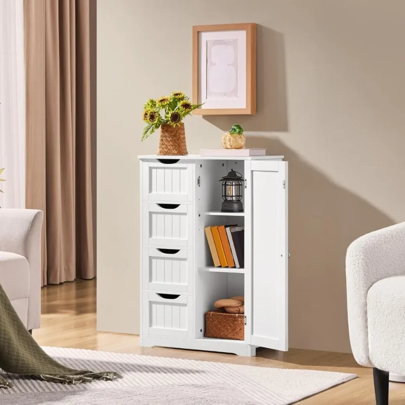 

Wooden Floor Cabinet with 4 Drawers and Cupboard Freestanding Entryway Storage Console Table for Bathroom Home Decor