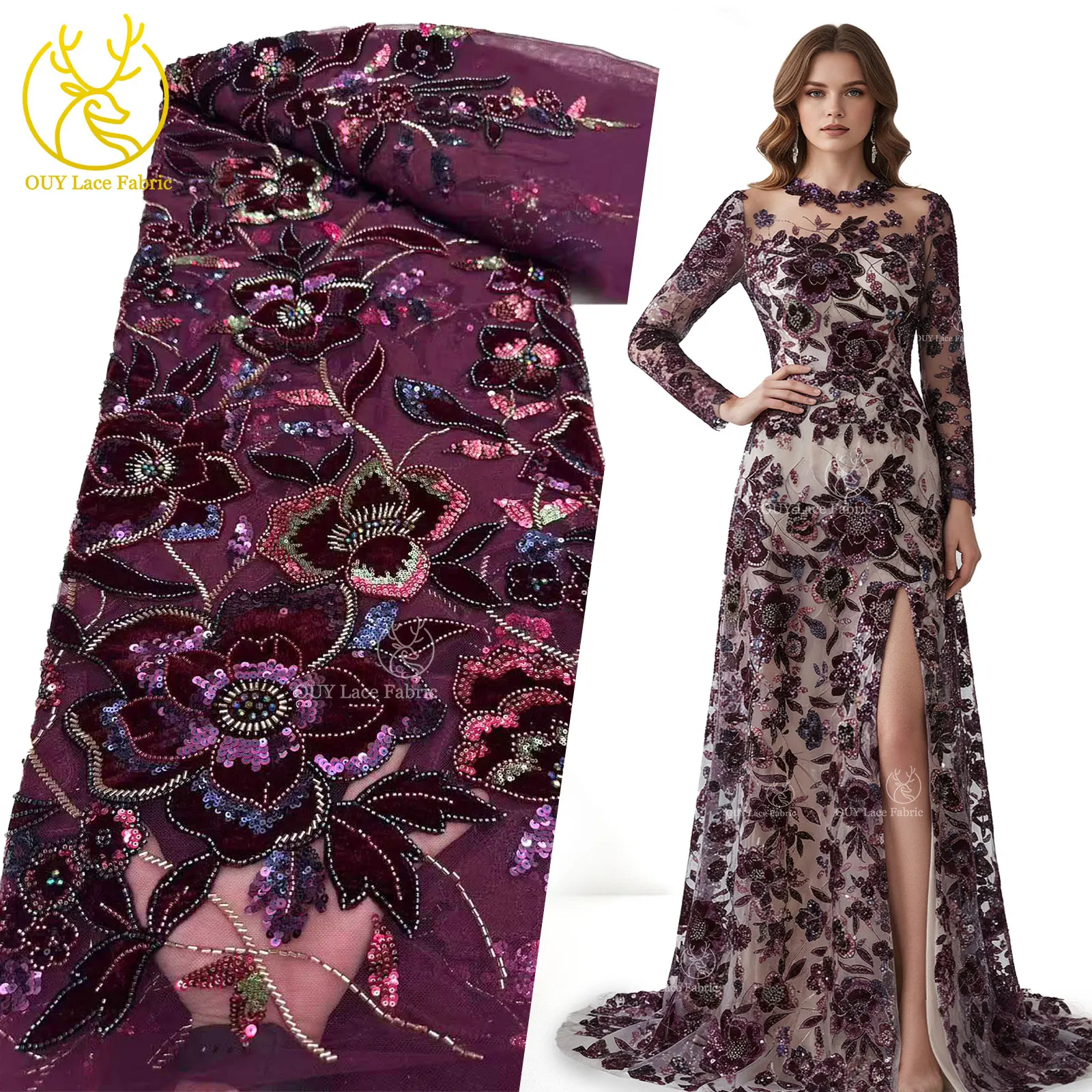 

Velvet Embroidered Flower Sequins Beaded Lace Fabric 2026 High-Quality African Lace Fabric Suitable for Wedding Dress Sewing