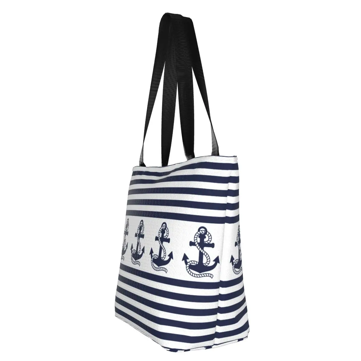 Custom Nautical Stripe Navy Blue Anchor Groceries Shopping Bags Canvas Shopper Shoulder Tote Bags Large Capacity Durable Handbag