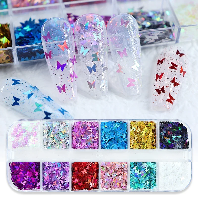 12Grids 3D Butterfly Shape Sequin Nail Art Glitter Flakes Mixed Mini Paillette Sparkly DIY Nail Art Decortion Nails Accessories