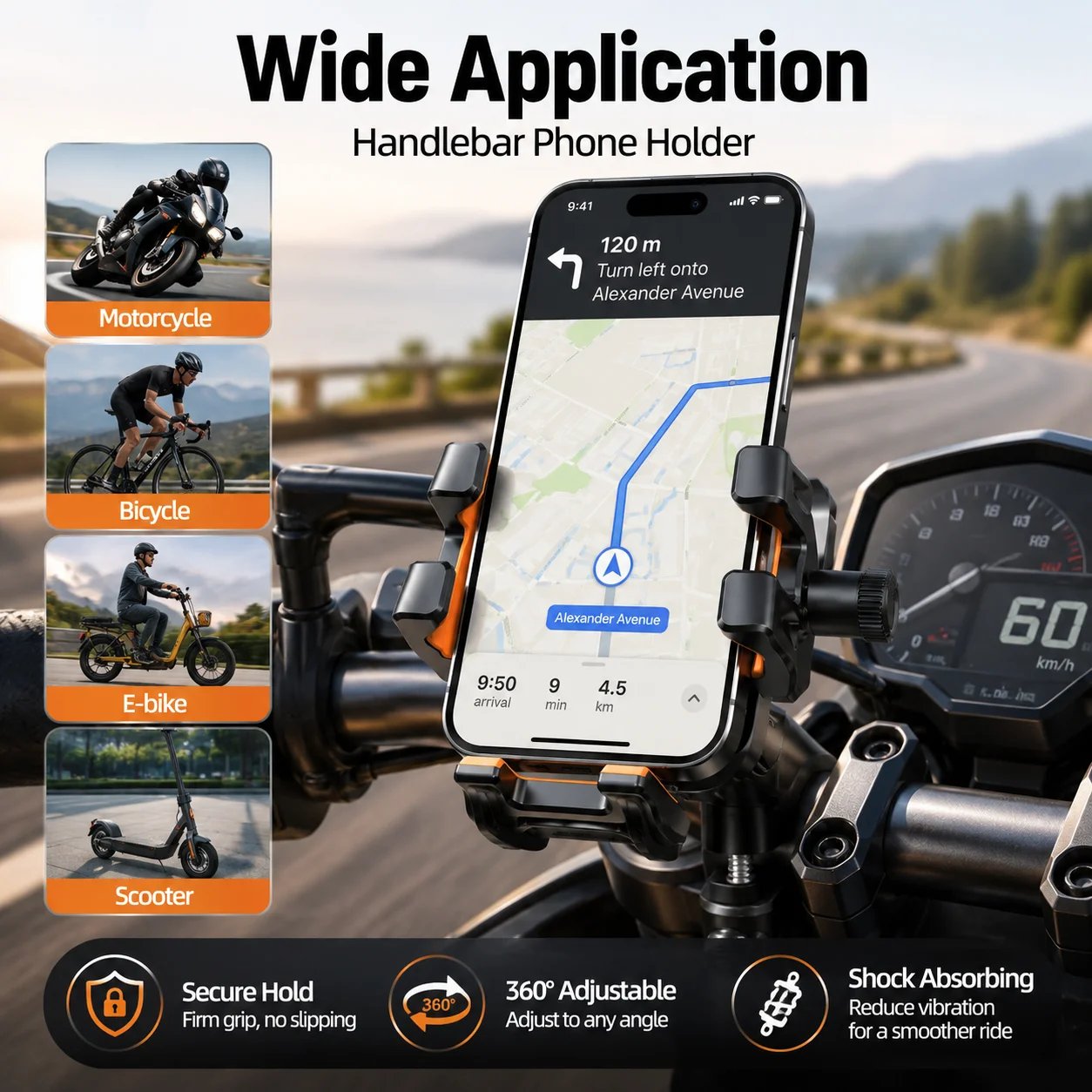 Motorcycle Phone Holder Aluminum Alloy Shockproof Handlebar Mount 360° Adjustable Secure Grip GPS Navigation Bracket