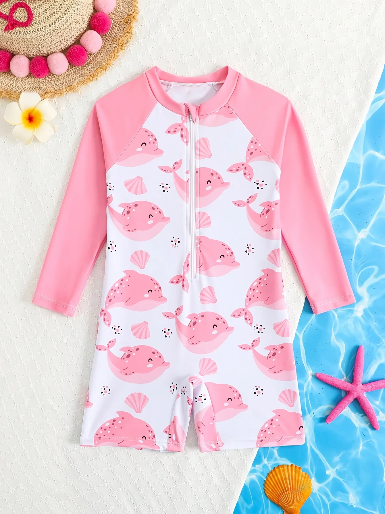 Girls' Cute Pink Dolphin All-Over Print Casual Fashion Swimwear, Long-Sleeved One-Piece Swimsuit Suitable for 4-8 Year Old Children for Beach and Seaside Leisure Vacations