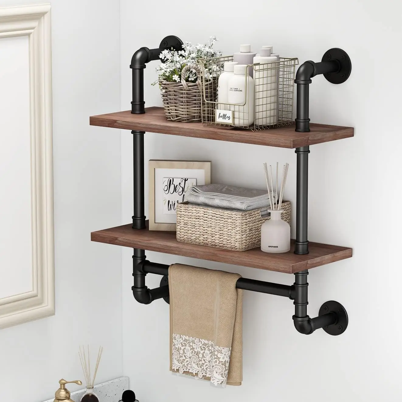 

Industrial Pipe Bathroom Shelves Rustic Wood Shelves with Towel Bar 24" Farmhouse Wall Shelf for Wall Pipe Shelving