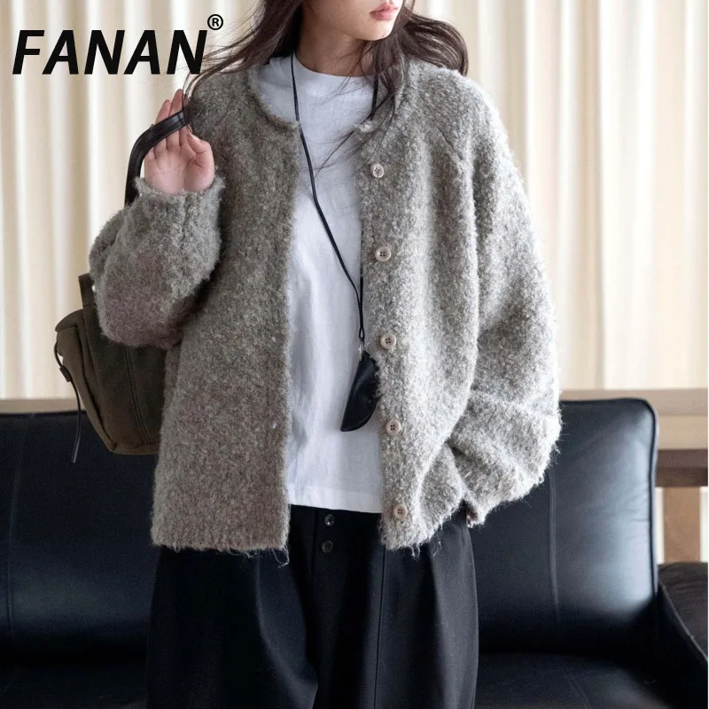 FANAN Women Fluffy Teddy Knit Cardigan O Neck Button Down Loose Sweater Jacket  Warm Casual Autumn Winter Knitwear Outerwear