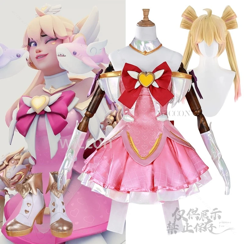 

Anime Game Juno Cosplay Costume Magician Lovely Skin Pink Fancy Dress Outfit 3XL Shoes Wig Female Halloween Party Customized