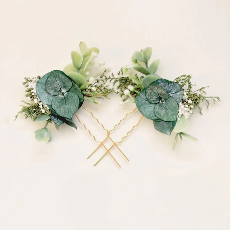 Handmade Greenery Eucalyptus Hair Comb for Bridesmaids, Boho Bridal Hair Headpiece, Romantic Dried Flower, 2Pcs