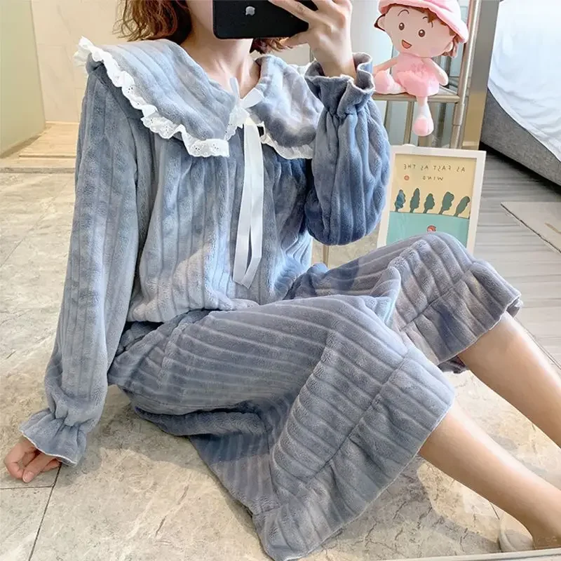 Winter Women Flannel Nightdress Thicken Warm Sleepwear Ladies Coral Fleece Nightgowns Female Sleepshirts Casual Home Clothes