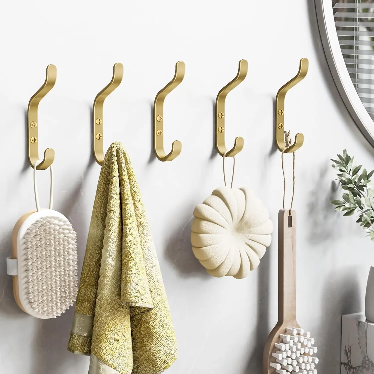 Gold Stainless Steel Double Coat Hook 5 Pack for Hanging Coats, Bags, Keys and Towels in Closet, Entryway, Bathroom