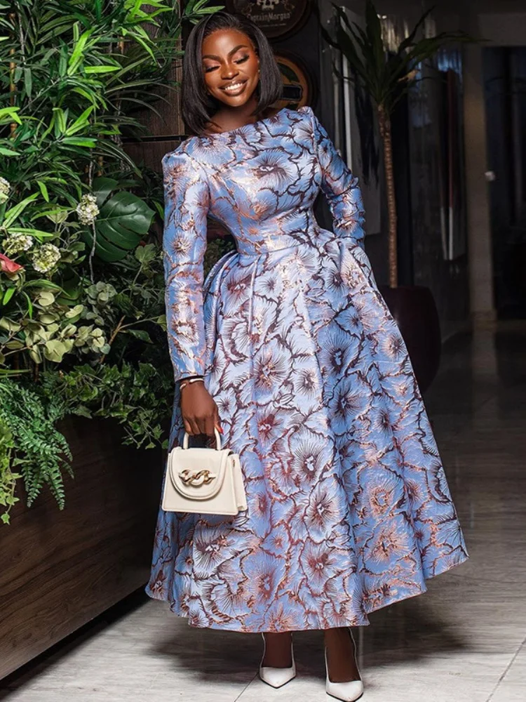 

Sister Star Fashion Casual Temperament Round Neck Long Sleeve Waisted Midi A-line Pleated Dress Elegant Commuter Dresses
