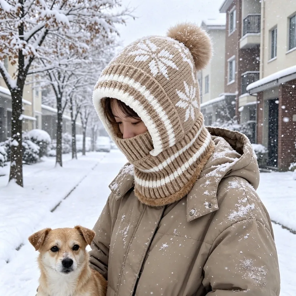 Fleece Lining Knitted Balaclava Hat Snowflake Jacquard Thick Warm Winter Beanie Mask Ear Protection Fluffy Pom