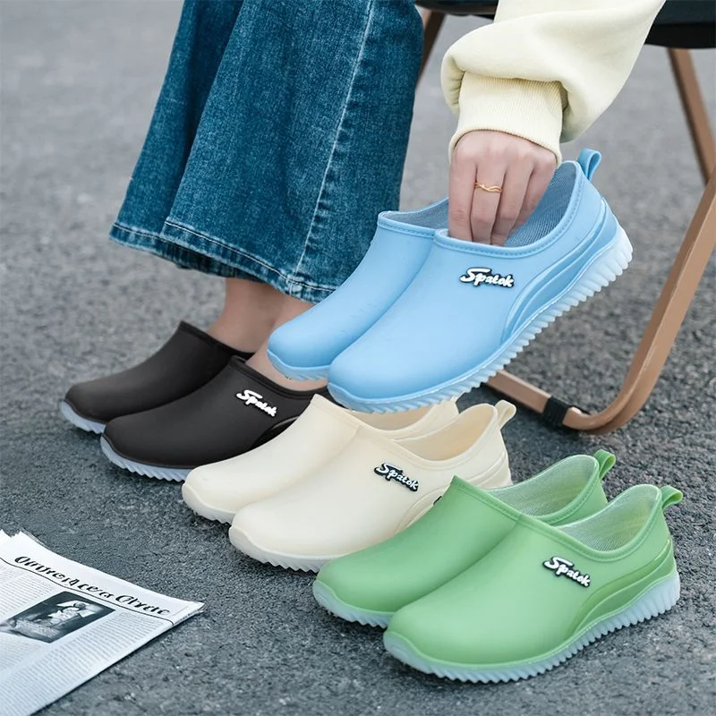 Ladies' fashionable new style waterproof shallow-toe anti-slip rain shoes, wear-resistant kitchen thick-soled short-tube work ru view 2
