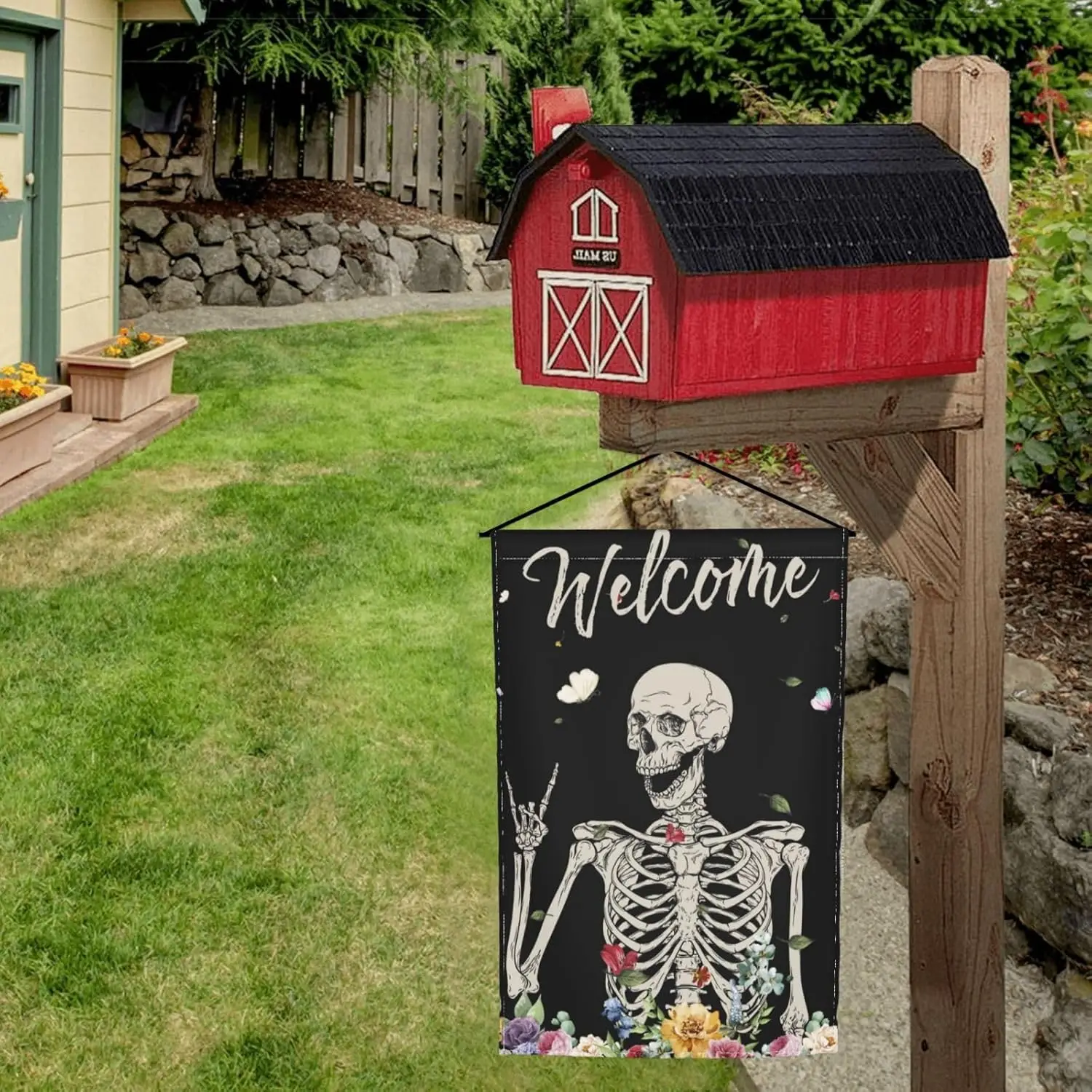 Skull Funny Skeleton Gothic Hippie Halloween Bohemian Terror Rock Roll Garden Flag Picks Home House Garden Yard Decor 12x18 Inch