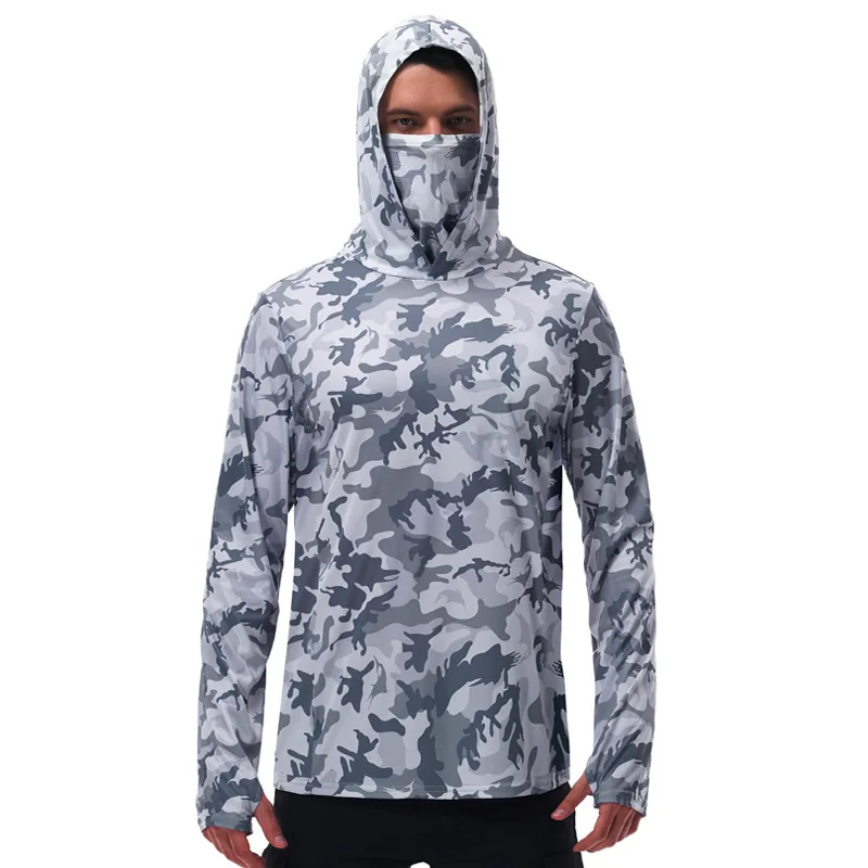 Men Camo Hooded Fishing Shirt With Built‑in Face Mask UPF50+ Quick Dry Thumb Hole Long Sleeve Outdoor Sun Protection Fishing Top