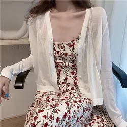 Women Knitted Cardigan Summer Thin Sunscreen Knit Top V-Neck Button Casual Long-Sleeved Cardigan Shirt Breathable Short Coat