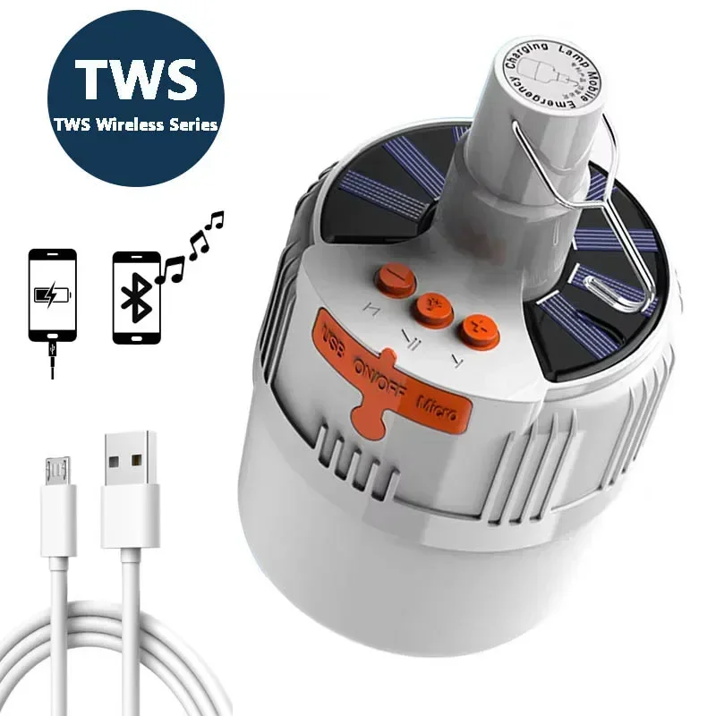 

24/42 LEDs Bluetooth Audio Solar Camping Lamp USB Charge Lantern Portable Emergency Night Market Light Hanging Bulb TWS Couplet