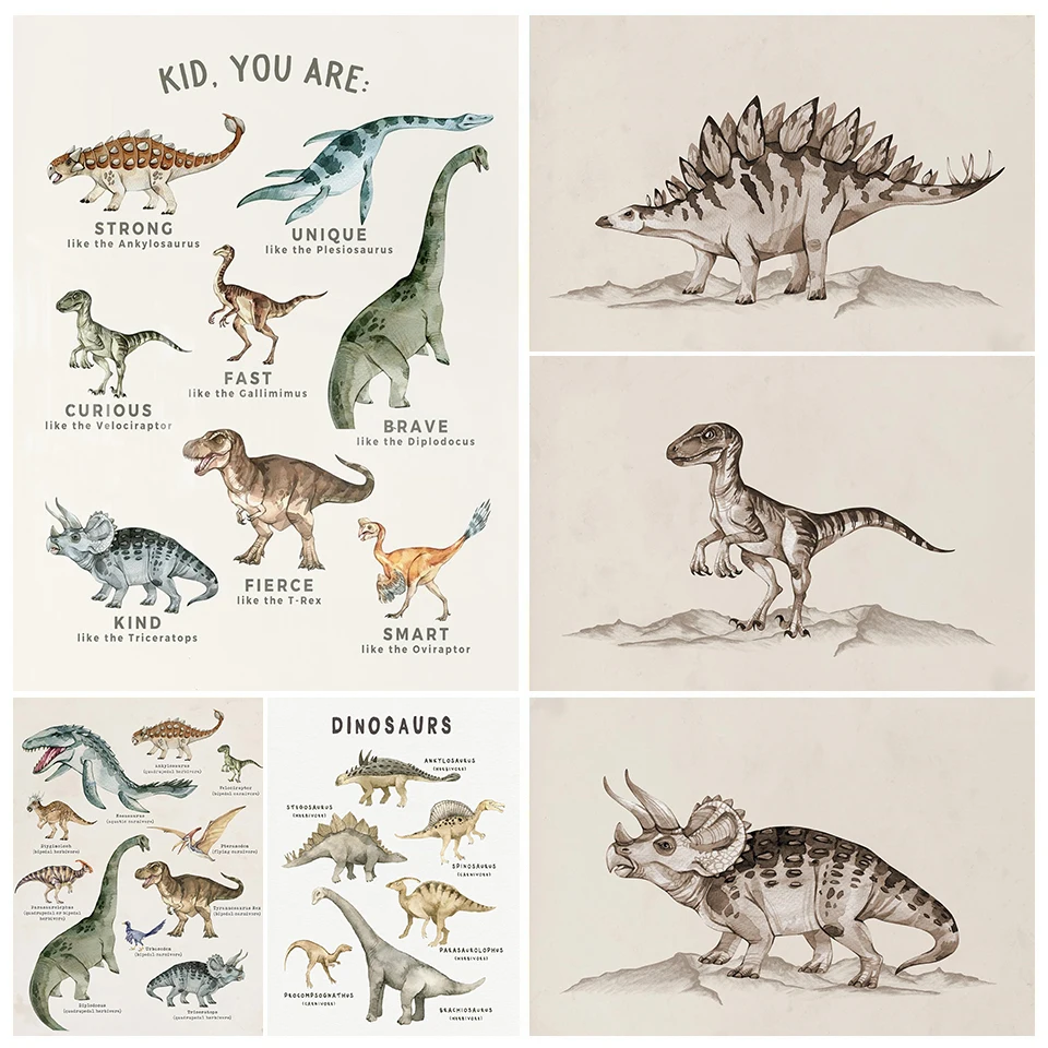 1pc frameless Canvas Painting Vintage Dinosaur Chart Posters Extinct Animals Science Educational Prints Canvas Painting Wall Art