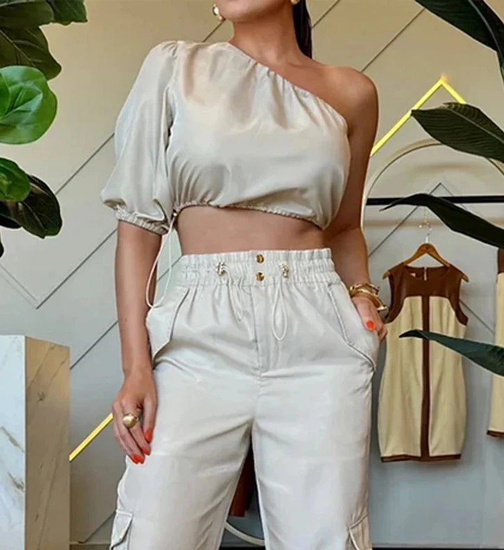 2024 Summer New Casual Two Piece Set Fashion Diagonal Collar Raglan Sleeve Top Casual Style Long Pants Two Piece Set