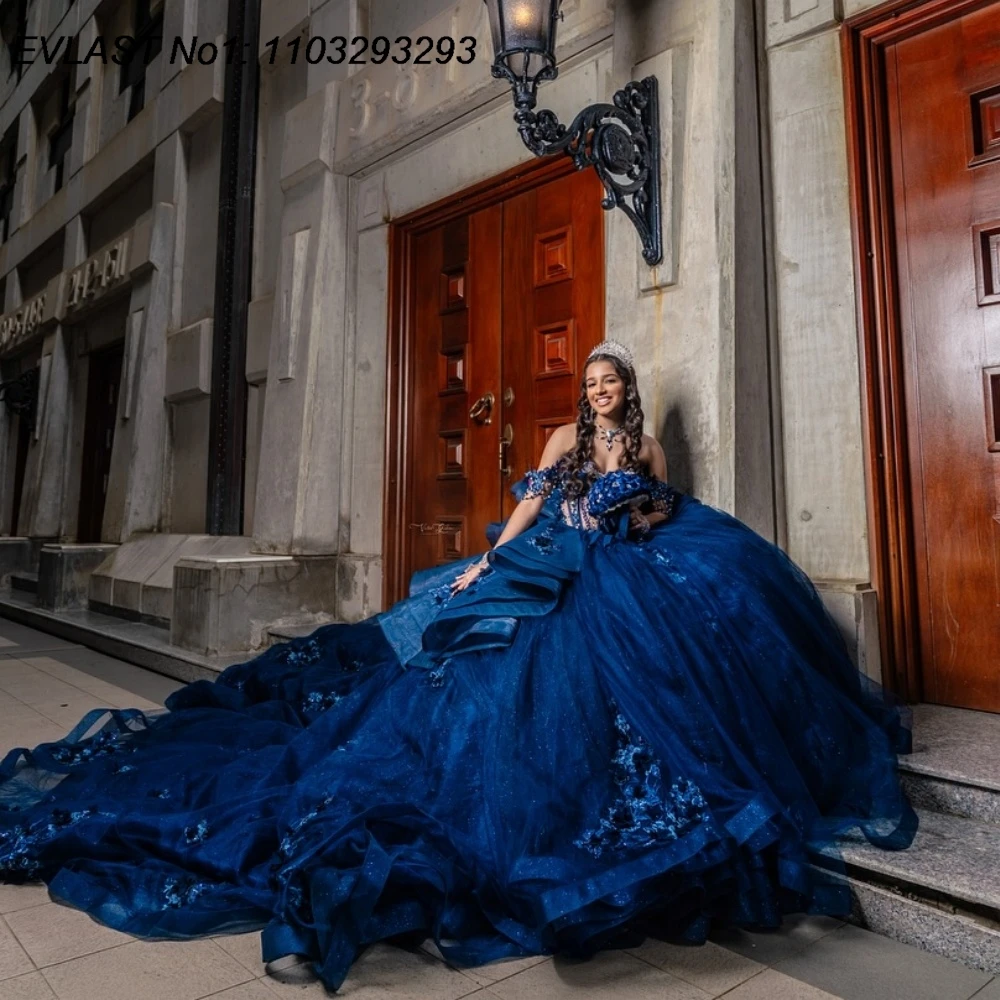 

EVLAST Индивидуальное бальное платье 2026 Темно-синее бальное платье Quinceanera Платье с 3D цветочной аппликацией и бисером с бантом Sweet 16 Vestidos De 15 Anos E1QN102