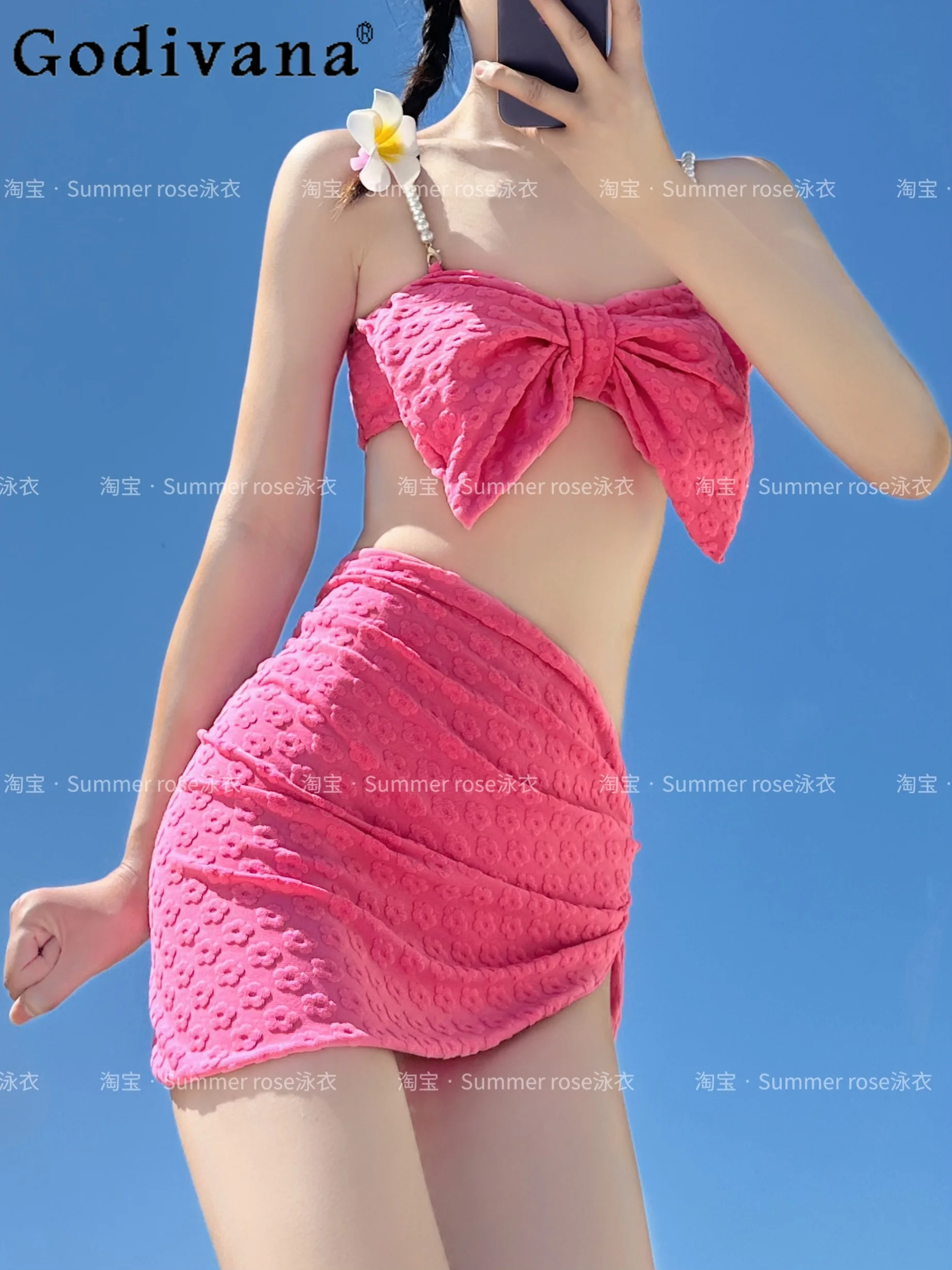 Summer Harajuku Sweet Bow Pink Split Swimsuit Women Slim Round-up Vacation Bikini Hot Girl Beach Vacation Three Piece Swimwear