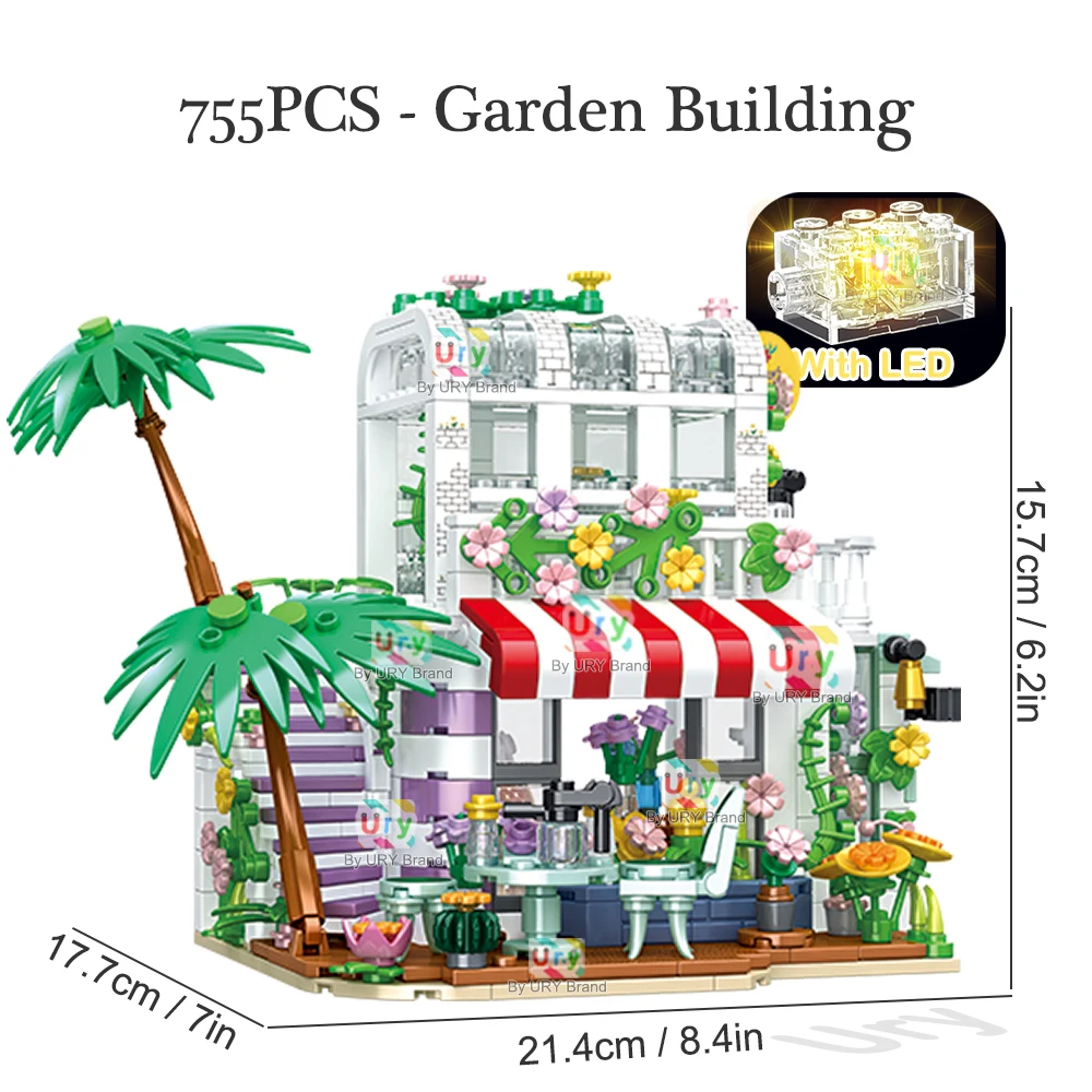 City Street View Creative House Coffee Shop Flower Store Architecture Building Block Bricks with LED Light Sets Toys for Girls