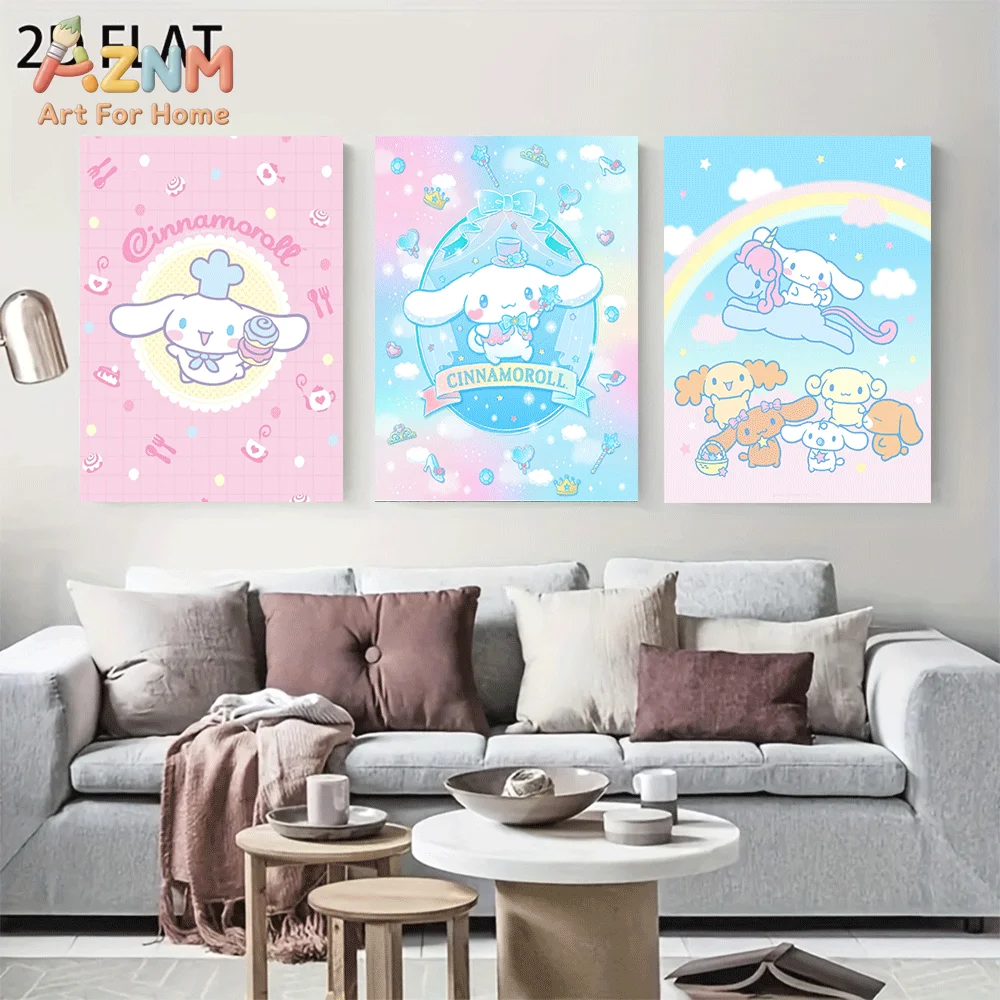 AZNM Cinnamoroll Canvas Wall Art Unframed Cute Cartoon Print Poster Chef Dessert Bow Crown Rainbow Unicorn Kawaii Pastel Grid De