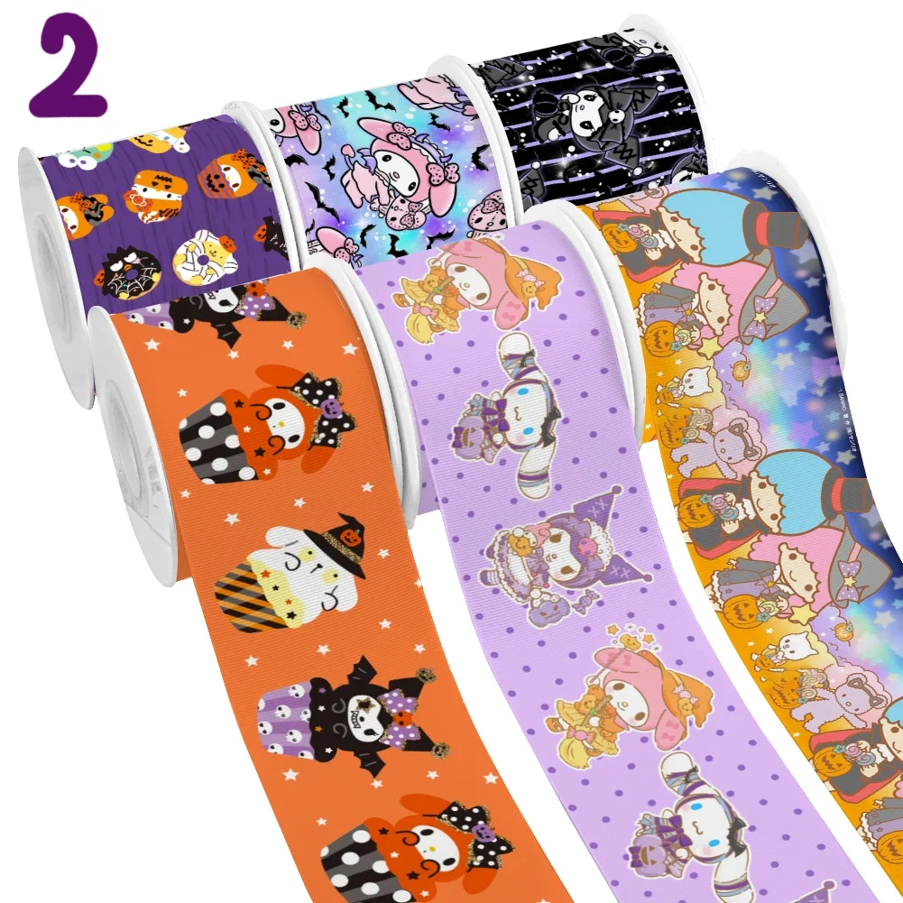 

50 Yards Halloween Theme Japanese Sanrio Cartoon Kitty Kuromi Design Printed Grosgrain Satin Ribbon for Gift Wrapping Hair Bow